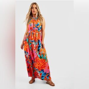 NWT Boohoo Orange and Pink Floral Halter Maxi Dress‎ - Size 12